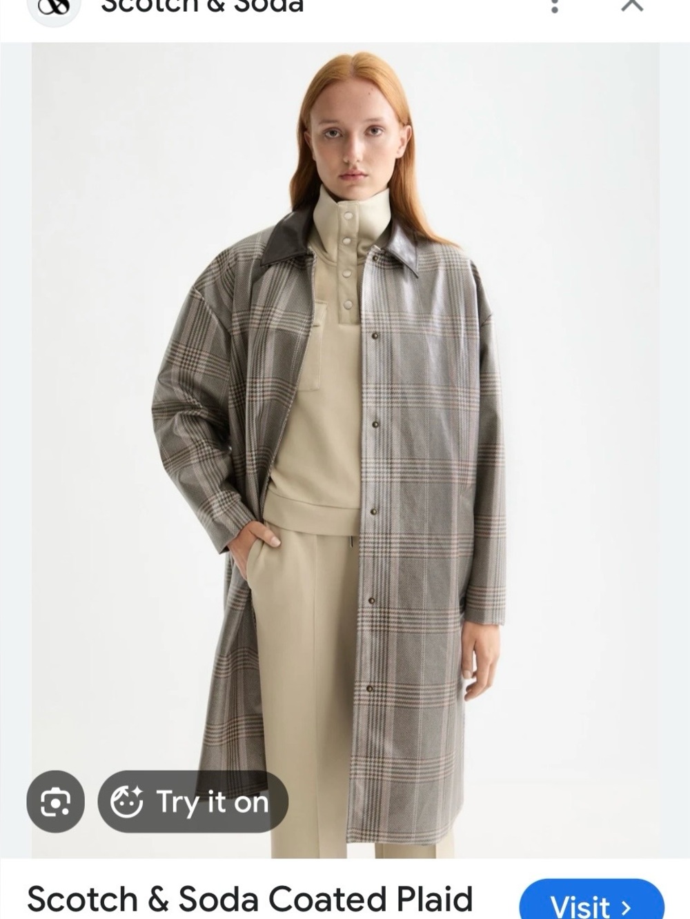 Scotch & Soda Plaid Trench Coat with Black Leather Collar